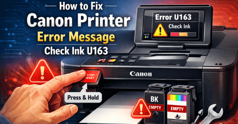 Canon printer error U163 check ink message with reset button and empty ink cartridges