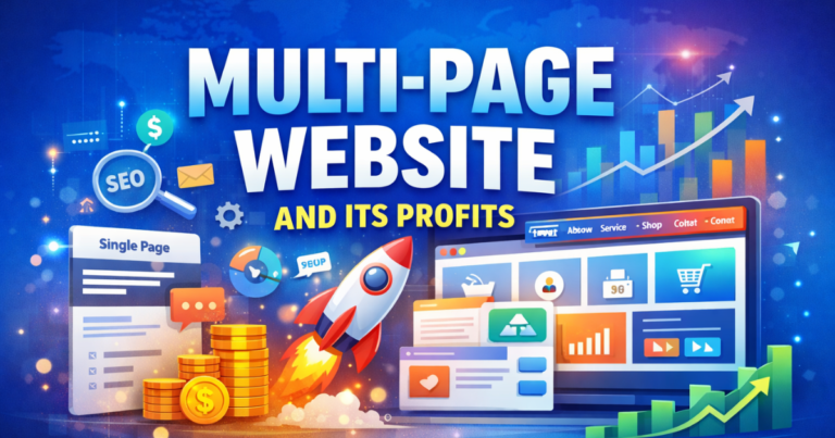 Illustration of a multi-page website with SEO icons, growth chart, and rocket symbolizing business growth.