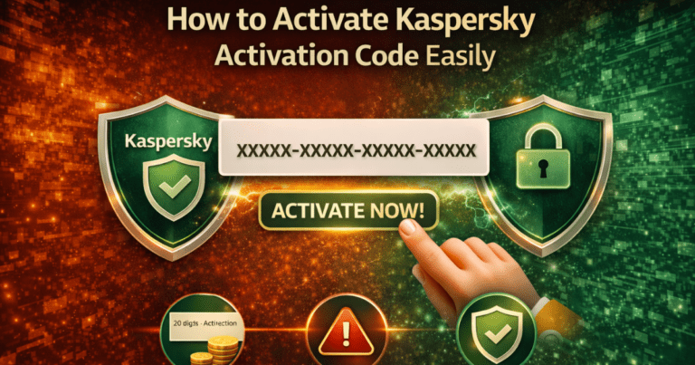 Illustration showing how to activate Kaspersky activation code with shields, code box, and activate button.