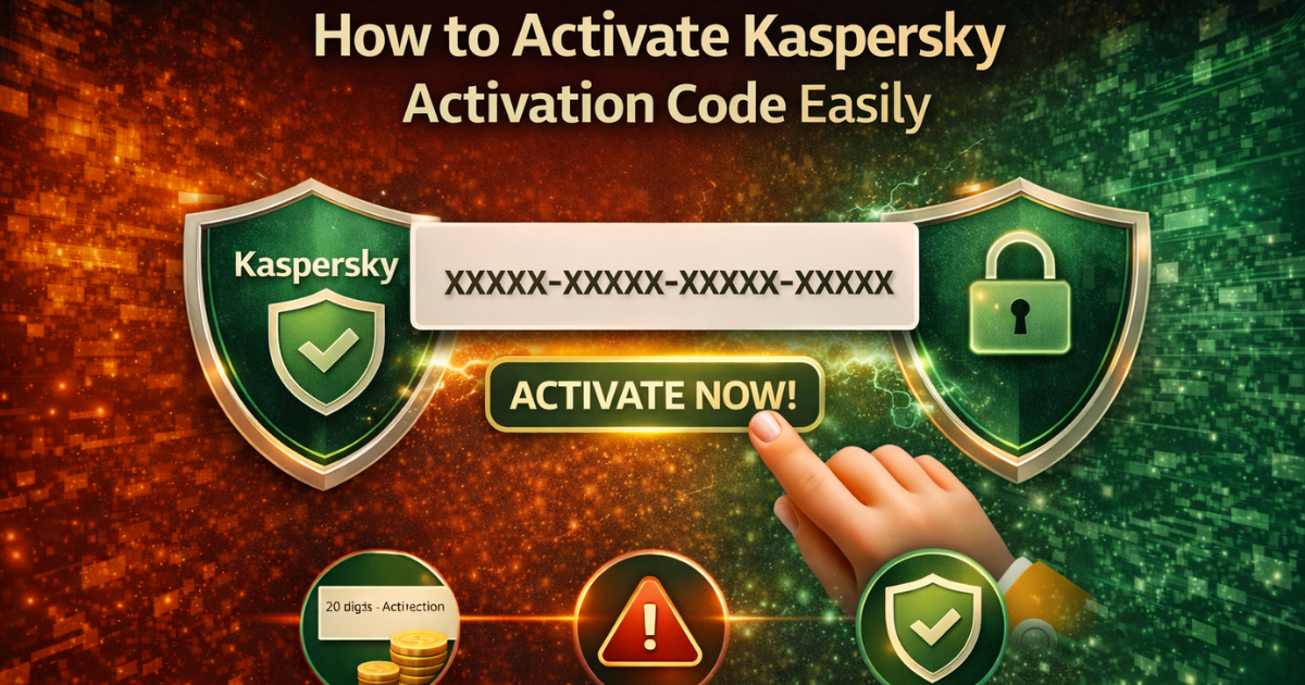Illustration showing how to activate Kaspersky activation code with shields, code box, and activate button.