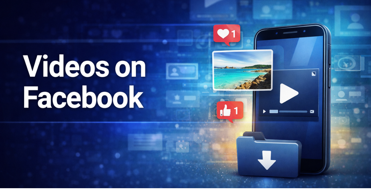 Illustration showing videos on Facebook displayed on a smartphone with social engagement icons and video playback elements