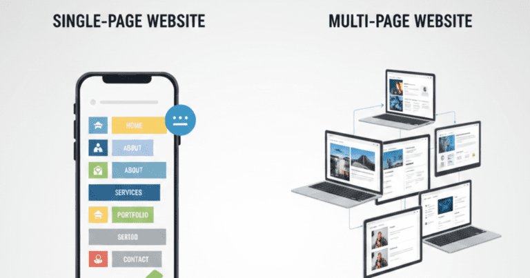 Illustration comparing single page website on mobile screen and multi page website structure on multiple laptop screens