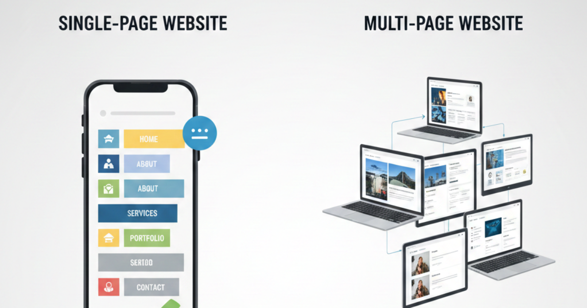 Illustration comparing single page website on mobile screen and multi page website structure on multiple laptop screens