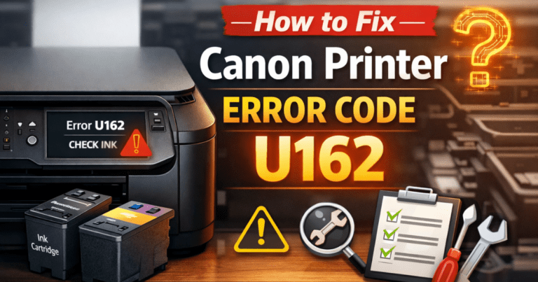 Canon Printer Error Code U162 check ink issue displayed on Canon Pixma printer with troubleshooting icons