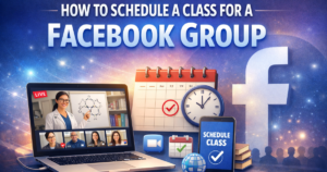 Illustration of scheduling a class for a Facebook Group showing a laptop with live video session, calendar with marked date, clock, smartphone displaying “Schedule Class,” and Facebook logo in background.