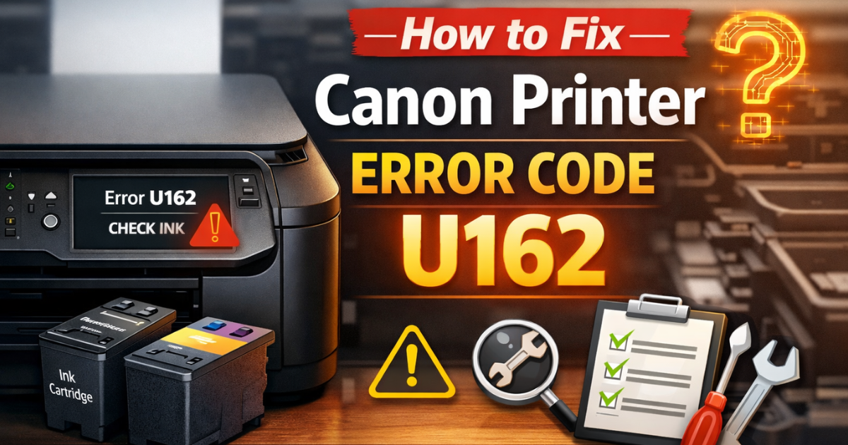 Canon Printer Error Code U162 check ink issue displayed on Canon Pixma printer with troubleshooting icons