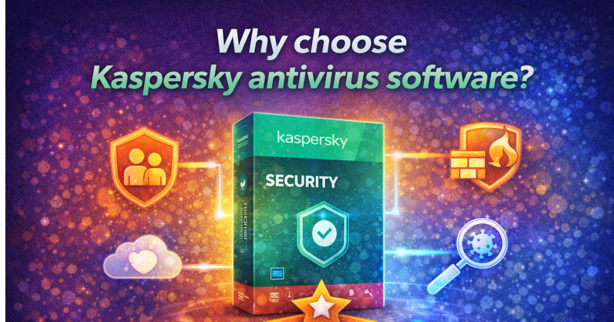Promotional image showing Kaspersky security software box with protection icons like firewall, parental control, cloud security, and malware scan. 