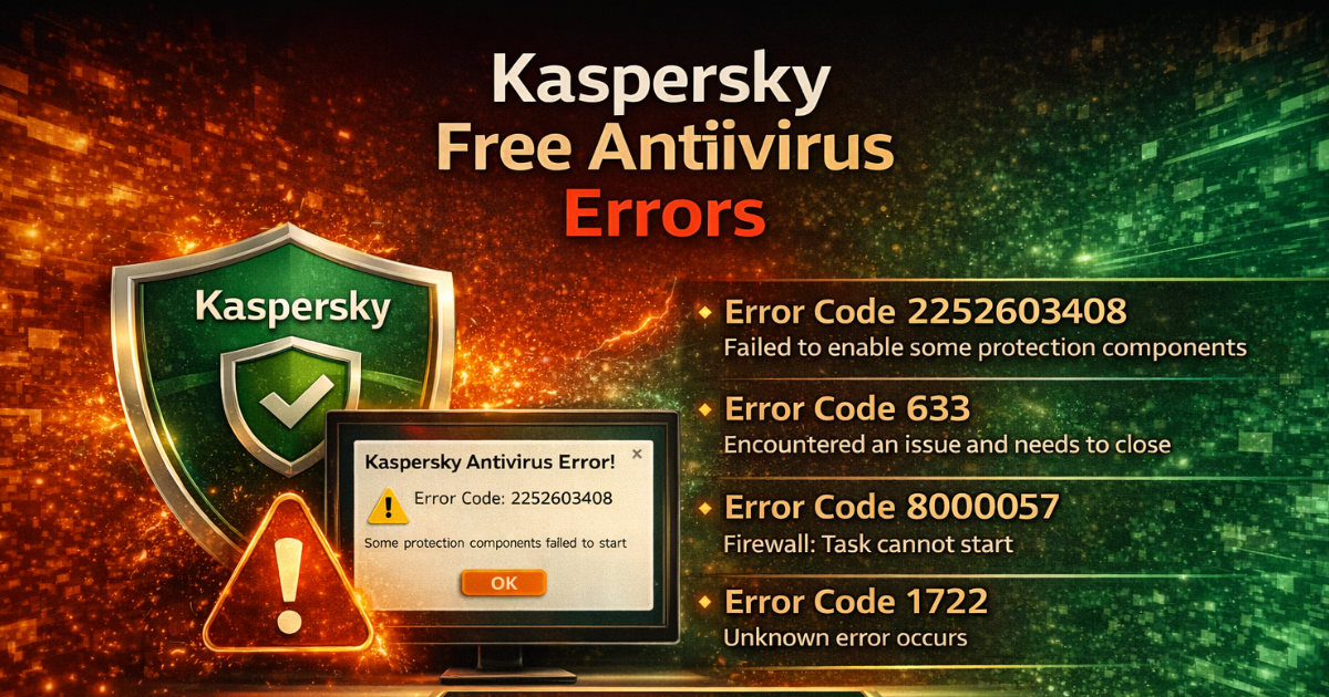 Graphic showing Kaspersky Free Antivirus errors with error codes and a how-to-fix section.
