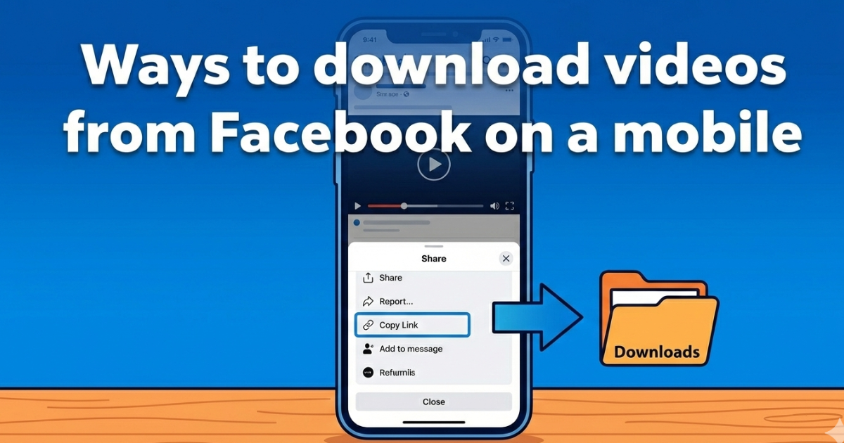 Illustration showing ways to download videos from Facebook on a mobile phone using the share and copy link option