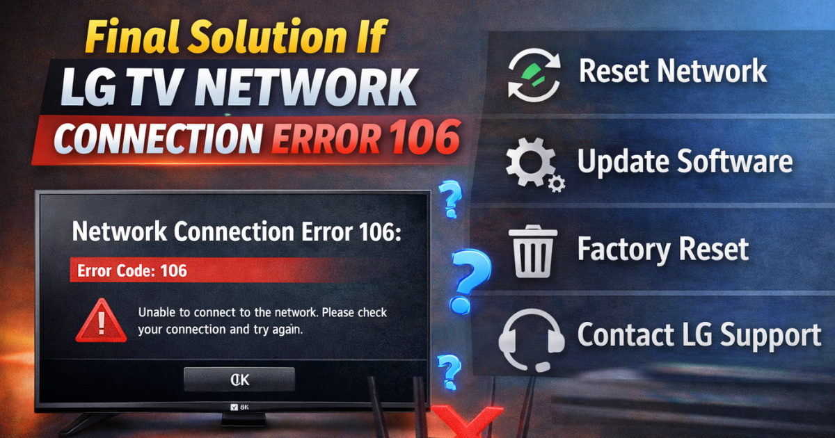 Final solution steps for LG TV Network Connection Error 106 including reset, update, and factory reset 