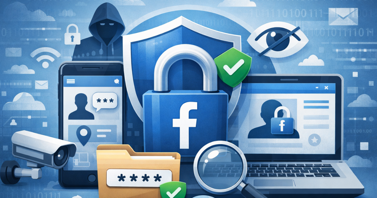 Facebook privacy illustration showing a lock and shield over a Facebook profile to represent staying anonymous on Facebook