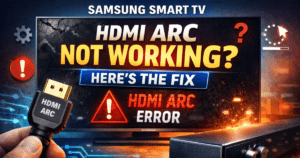 Samsung Smart TV showing HDMI ARC error with no sound warning and HDMI cable connected to soundbar