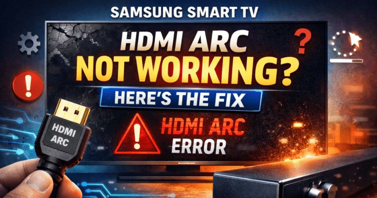 Samsung Smart TV showing HDMI ARC error with no sound warning and HDMI cable connected to soundbar
