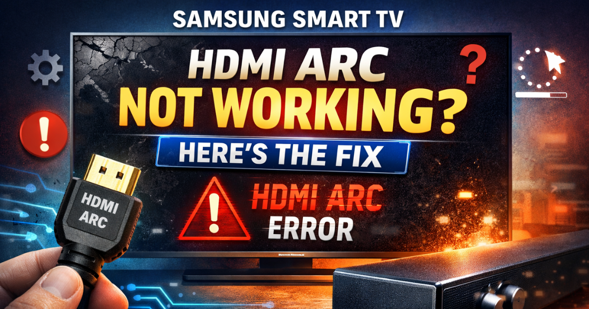 Samsung Smart TV showing HDMI ARC error with no sound warning and HDMI cable connected to soundbar