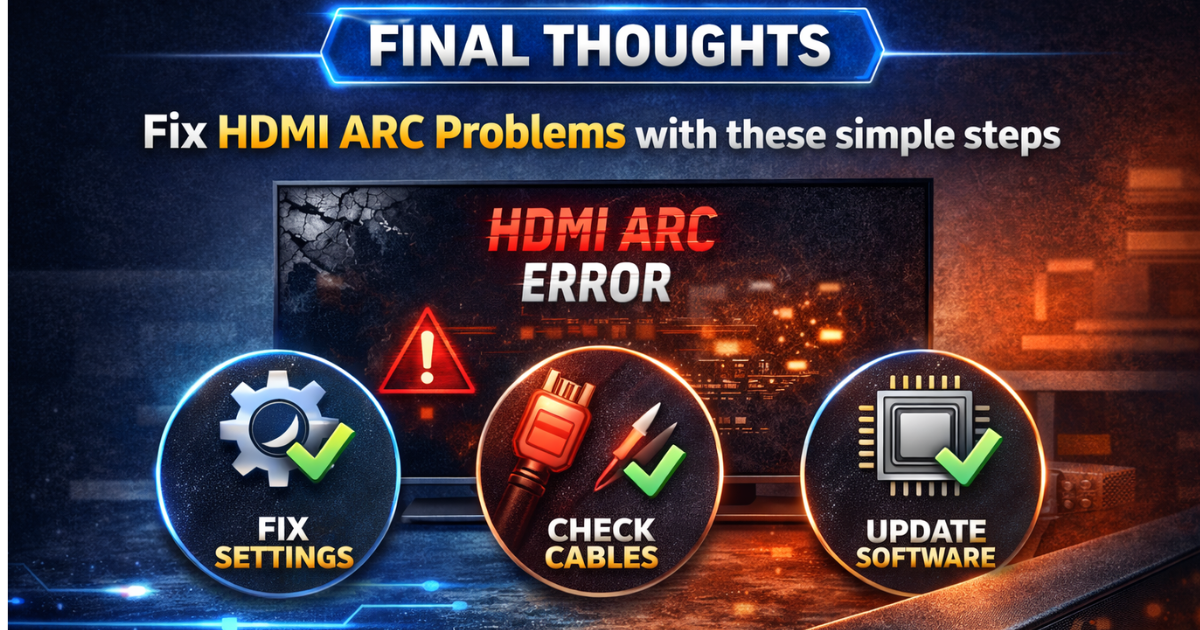 Final thoughts summary image showing Samsung Smart TV HDMI ARC error with steps to fix settings, cables, and software
