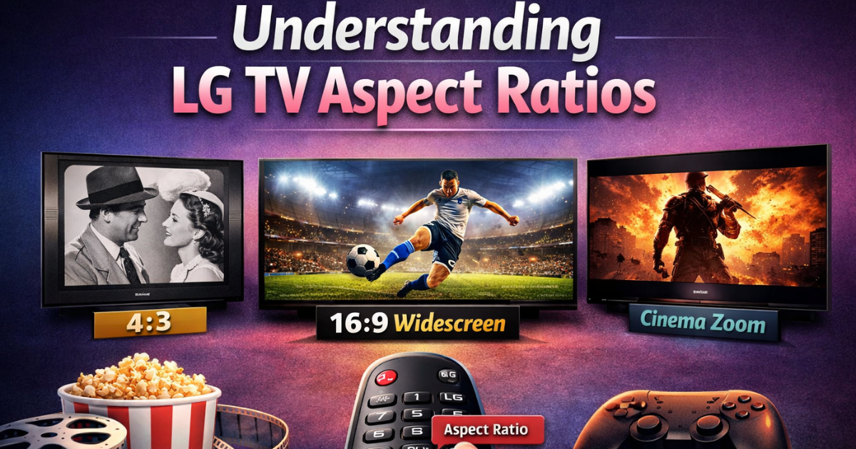 LG TV aspect ratio comparison showing 4:3, 16:9 widescreen, and Cinema Zoom modes with remote control adjusting picture size settings