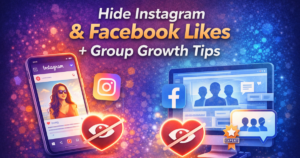 Illustration showing Instagram and Facebook screens with hidden like icons and group expert badge symbolizing privacy and community growth.