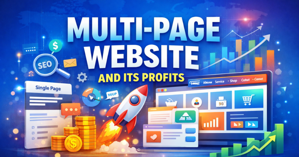 Illustration of a multi-page website with SEO icons, growth chart, and rocket symbolizing business growth.