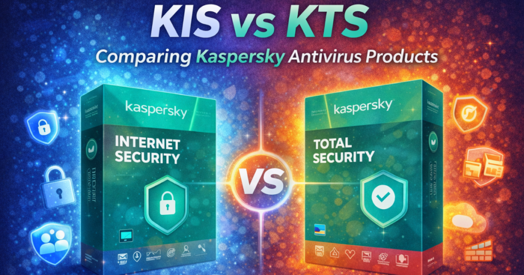 Comparison image showing Kaspersky Internet Security (KIS) and Kaspersky Total Security (KTS) with security icons and feature highlights.