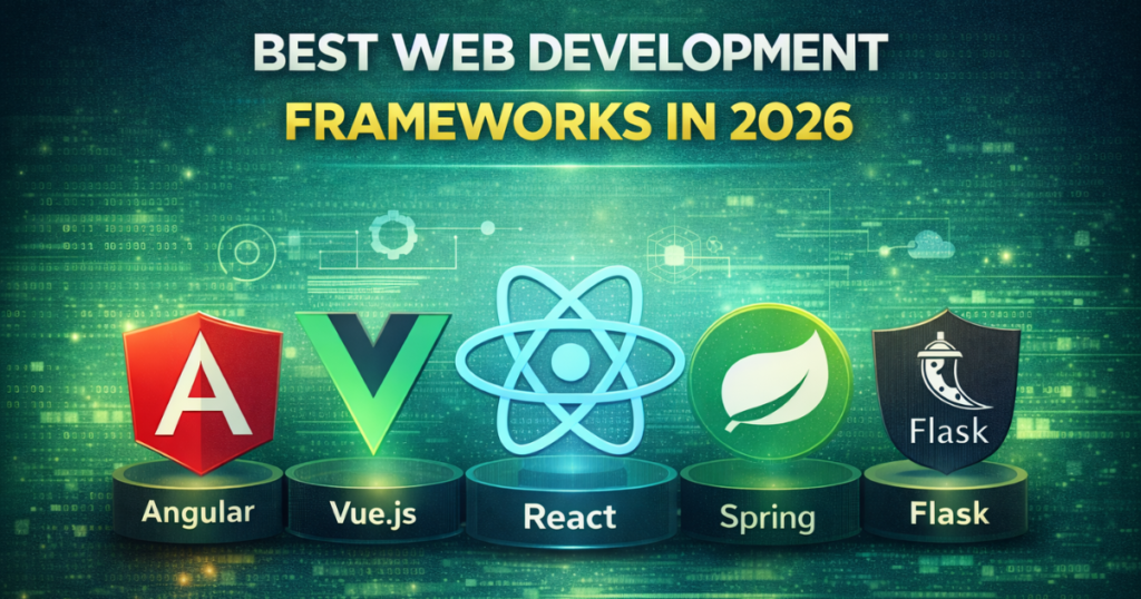 Best web development frameworks including Angular, Vue, React, Spring, and Flask