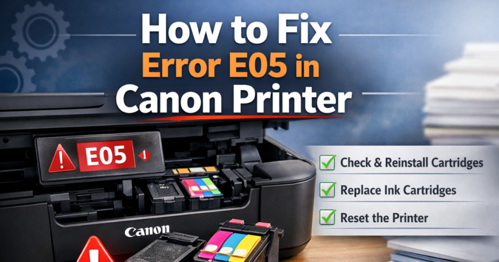 Canon printer showing Error E05 message with open ink cartridges and warning sign.