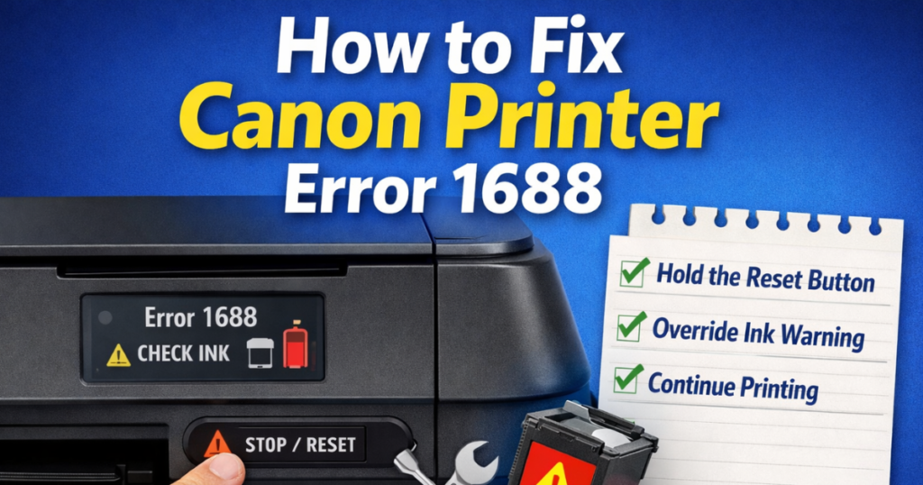 Canon printer showing error 1688 with reset button being pressed to fix check ink issue