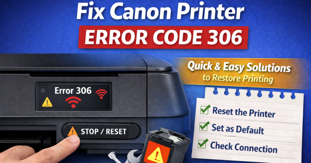 Canon printer showing error code 306 with reset button pressed to fix communication issue