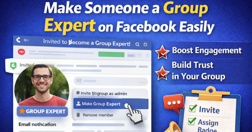 Illustration showing how to make someone a group expert on Facebook with badge and admin options.