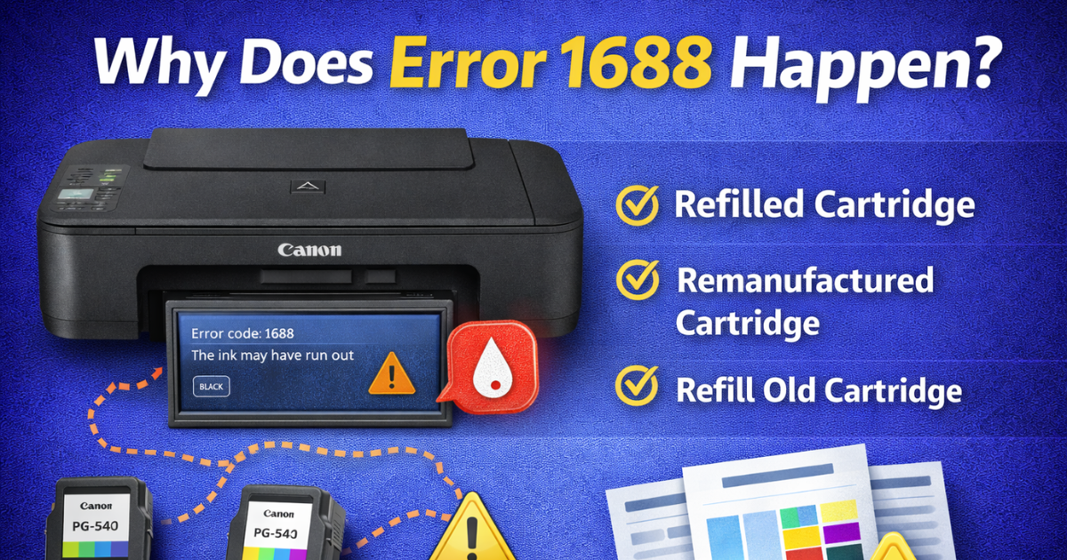 Illustration showing a Canon printer displaying Error 1688 due to low or empty ink cartridge.