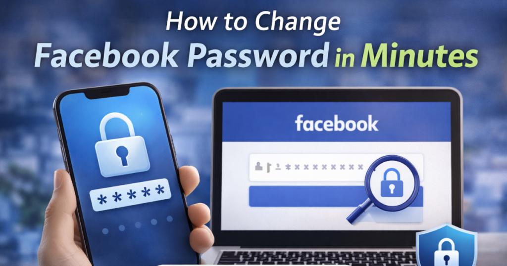 Smartphone and laptop showing Facebook login screen with security lock and the title “How to Change Facebook Password in Minutes