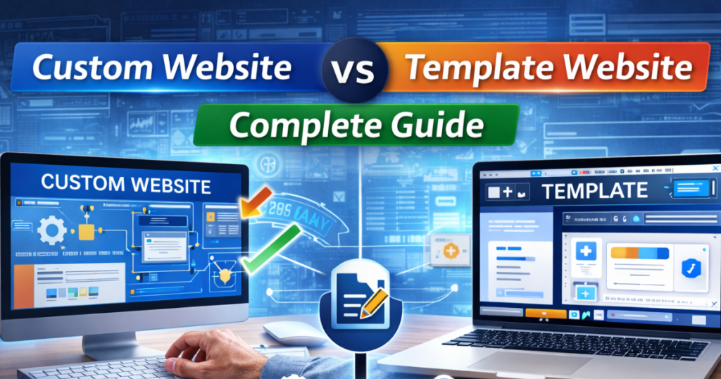 website vs template website with features like unique design, SEO friendly, quick setup, and low cost.