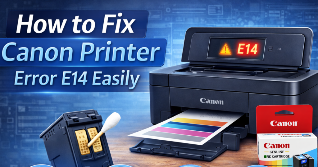 Canon printer displaying E14 error with ink cartridge and cleaning steps illustration.