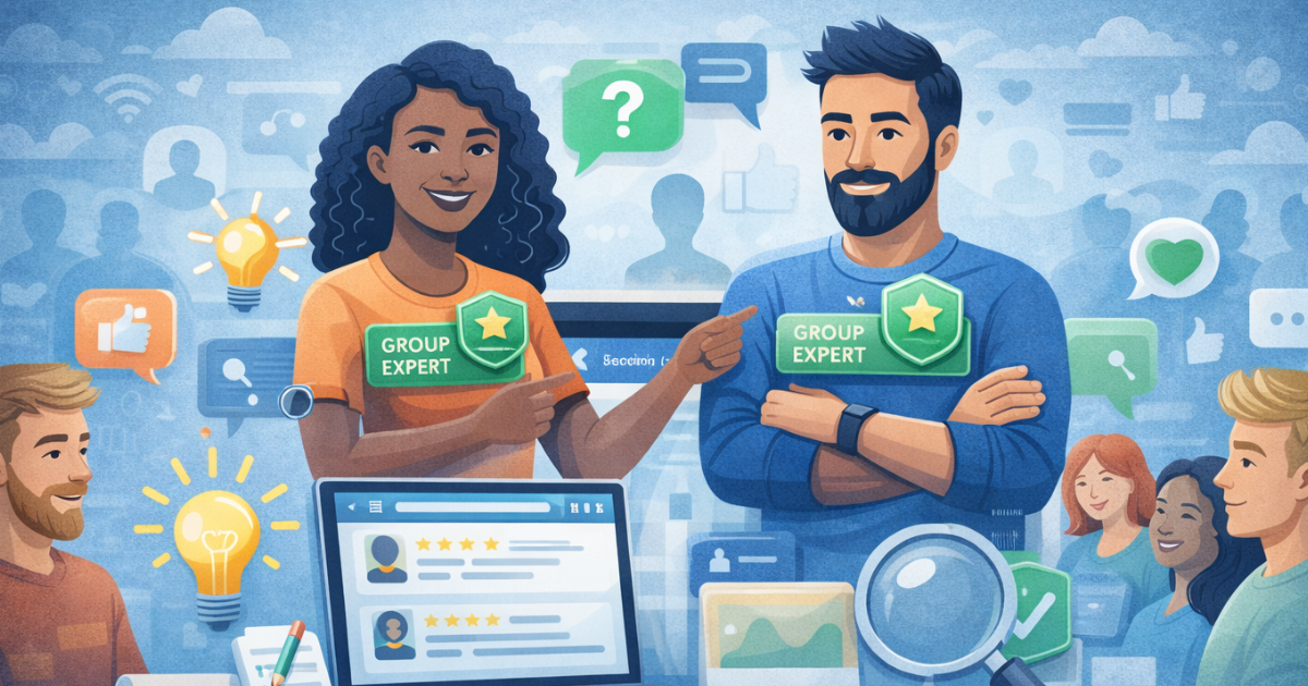 Illustration showing Facebook Group Experts with badges helping members and improving group discussions 