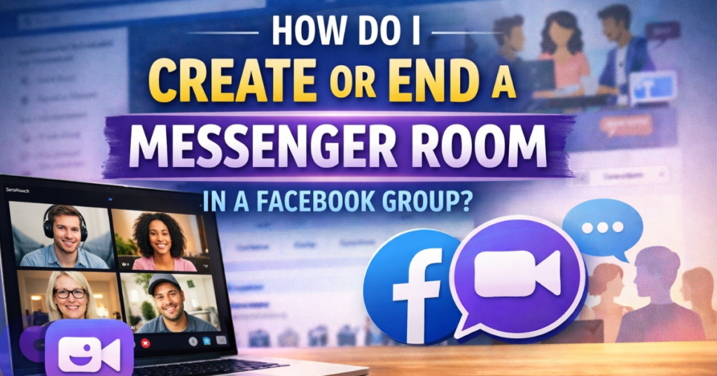 Illustration showing how to create or end a Messenger Room in a Facebook Group with video call screen and Facebook icons.