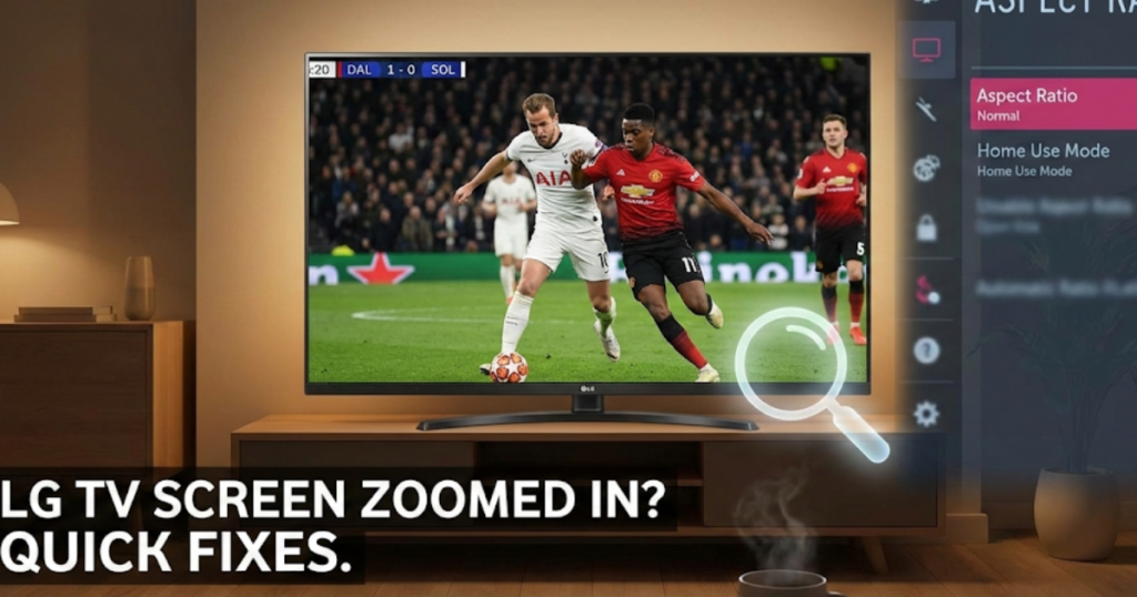 LG TV screen zoomed in showing incorrect aspect ratio settings with on-screen menu and quick fixes to adjust picture size