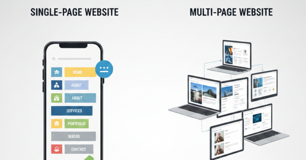 Illustration comparing single page website on mobile screen and multi page website structure on multiple laptop screens