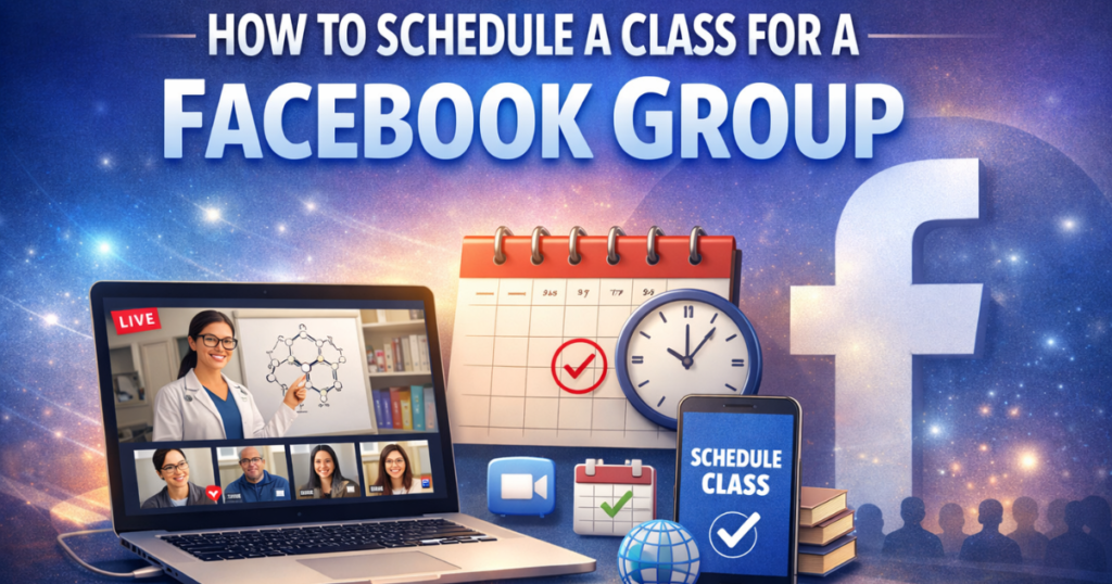 Illustration of scheduling a class for a Facebook Group showing a laptop with live video session, calendar with marked date, clock, smartphone displaying “Schedule Class,” and Facebook logo in background.