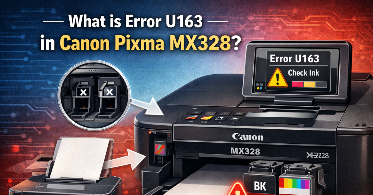 Canon Pixma MX328 showing Error U163 check ink message with empty ink cartridges 