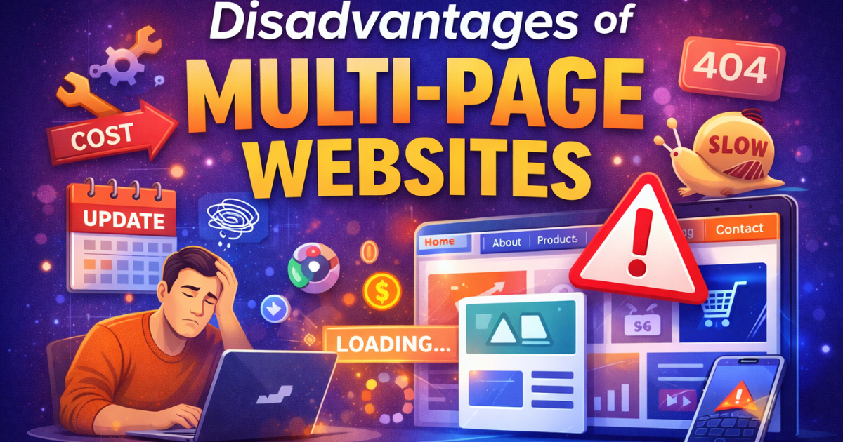 Illustration showing slow loading, high cost, updates, and errors as disadvantages of multi-page websites.