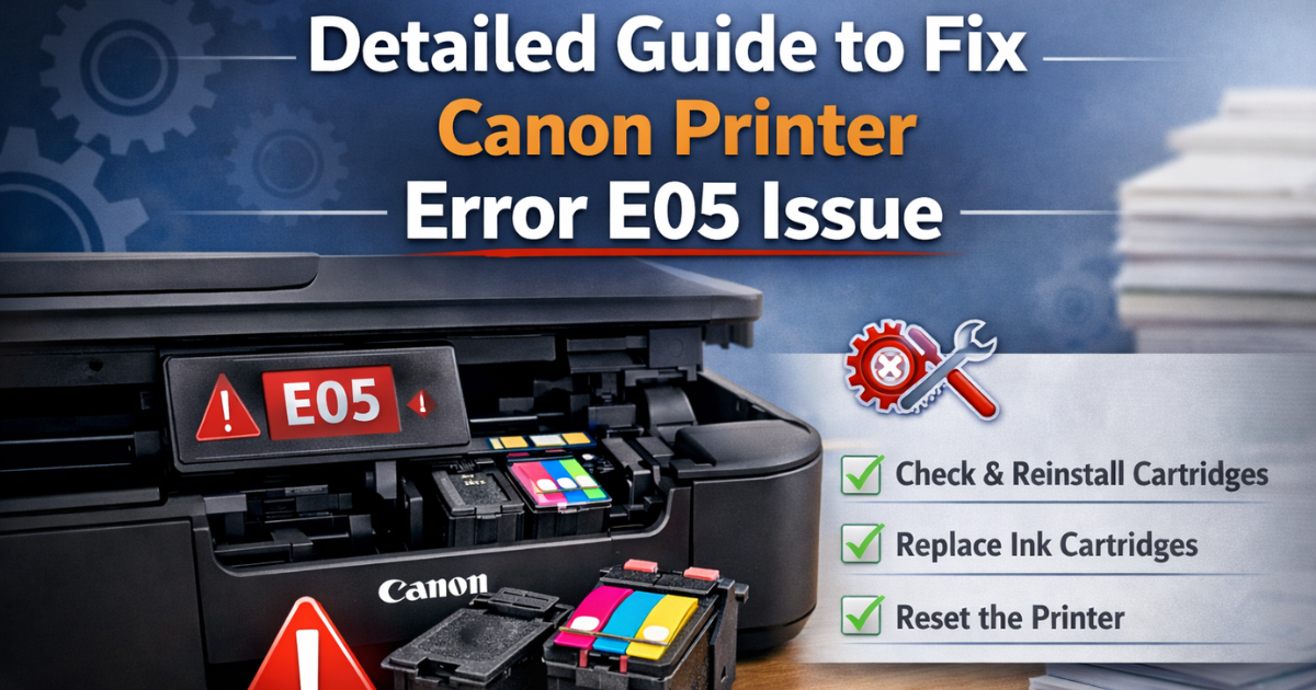 Canon printer showing Error E05 with open ink cartridges and step-by-step fix checklist.