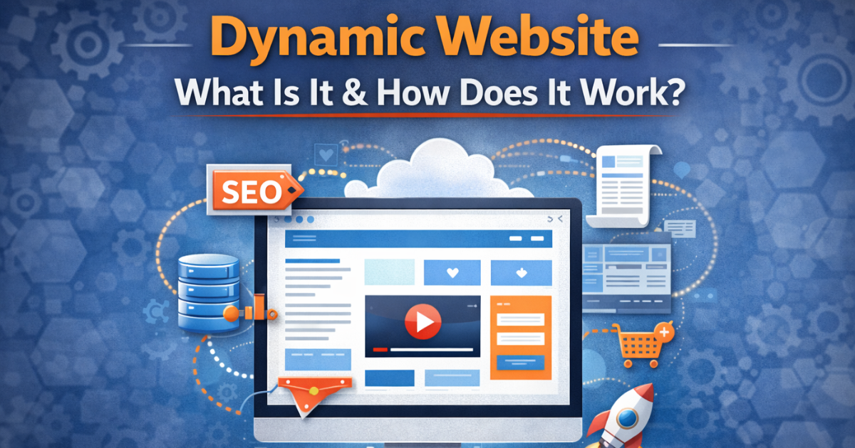 Computer screen showing a dynamic website with SEO, database, and online features icons.