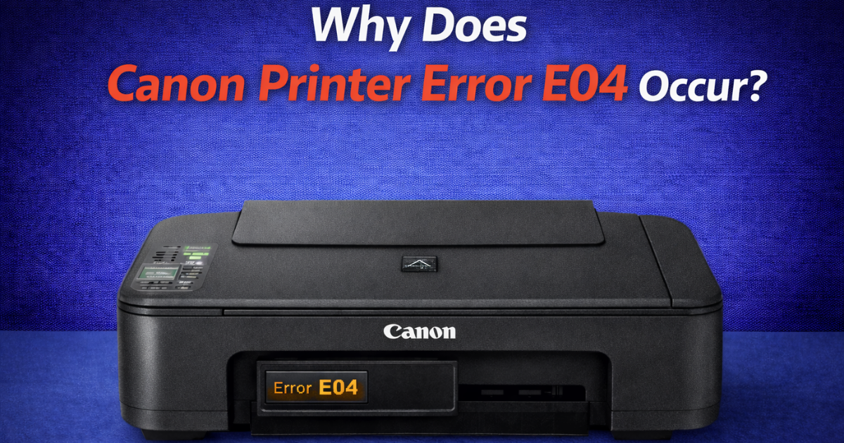 Canon printer with Error E04 on screen and the title “Why Does Canon Printer Error E04 Occur?” above it.