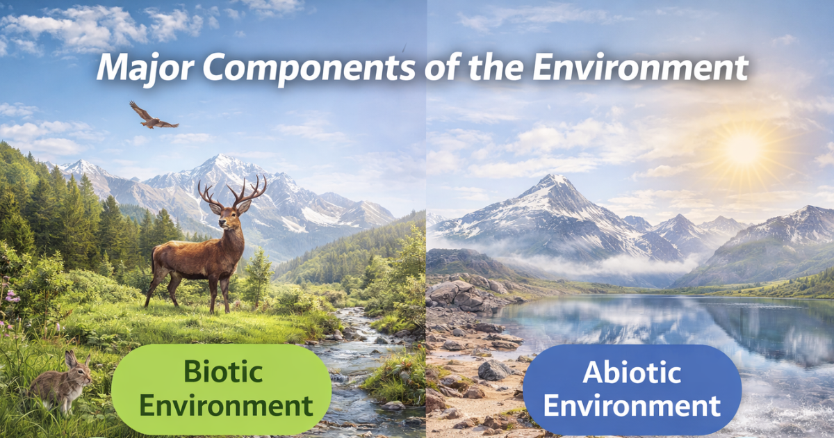 Nature background showing land, water, air, plants, and animals with the title “Major Components of the Environment
