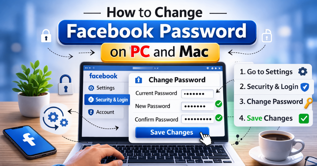 Laptop showing Facebook security and login page with steps to change password on PC and Mac