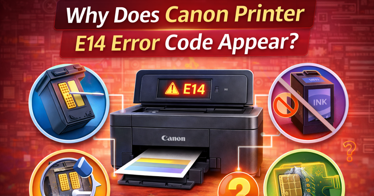 Canon printer screen showing E14 error with highlighted ink cartridge issue.
