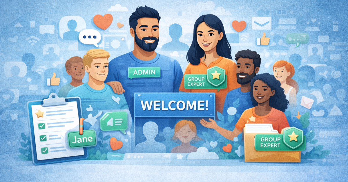 Illustration of Facebook group admins and experts welcoming members and encouraging positive community engagement 