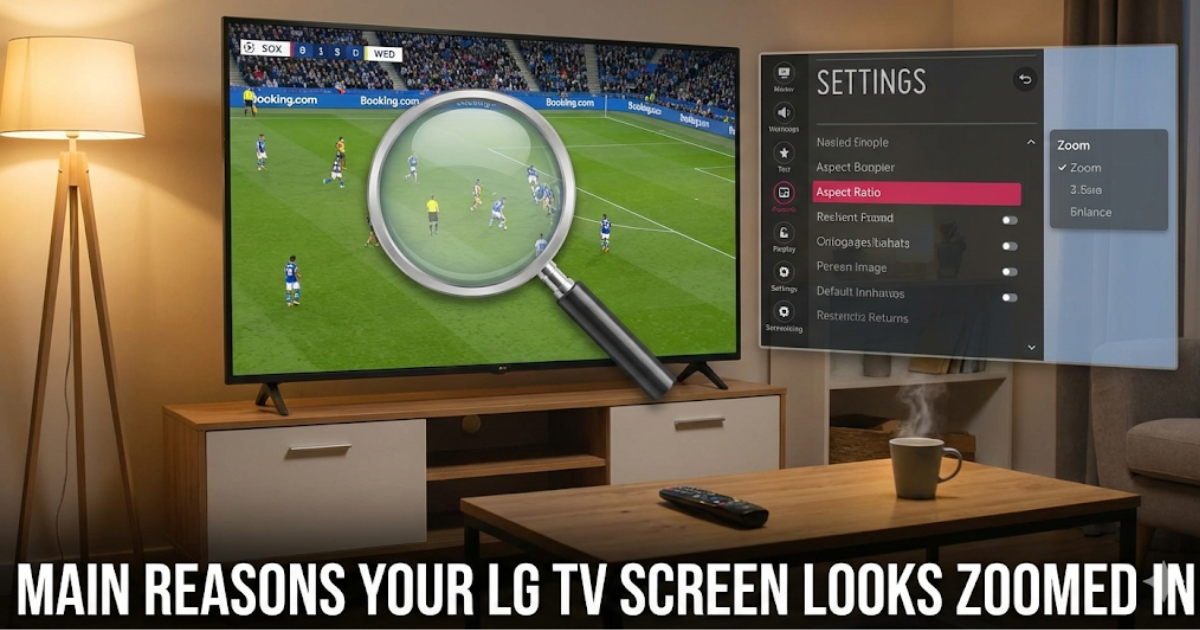LG TV screen zoomed in with settings menu showing aspect ratio and zoom options 