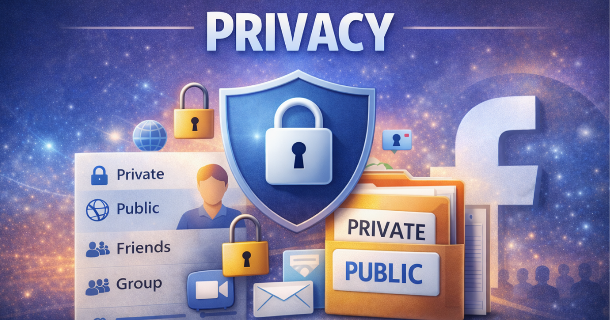 Illustration showing Facebook group privacy settings with a shield and lock icon, and options including Private, Public, Friends, and Group.