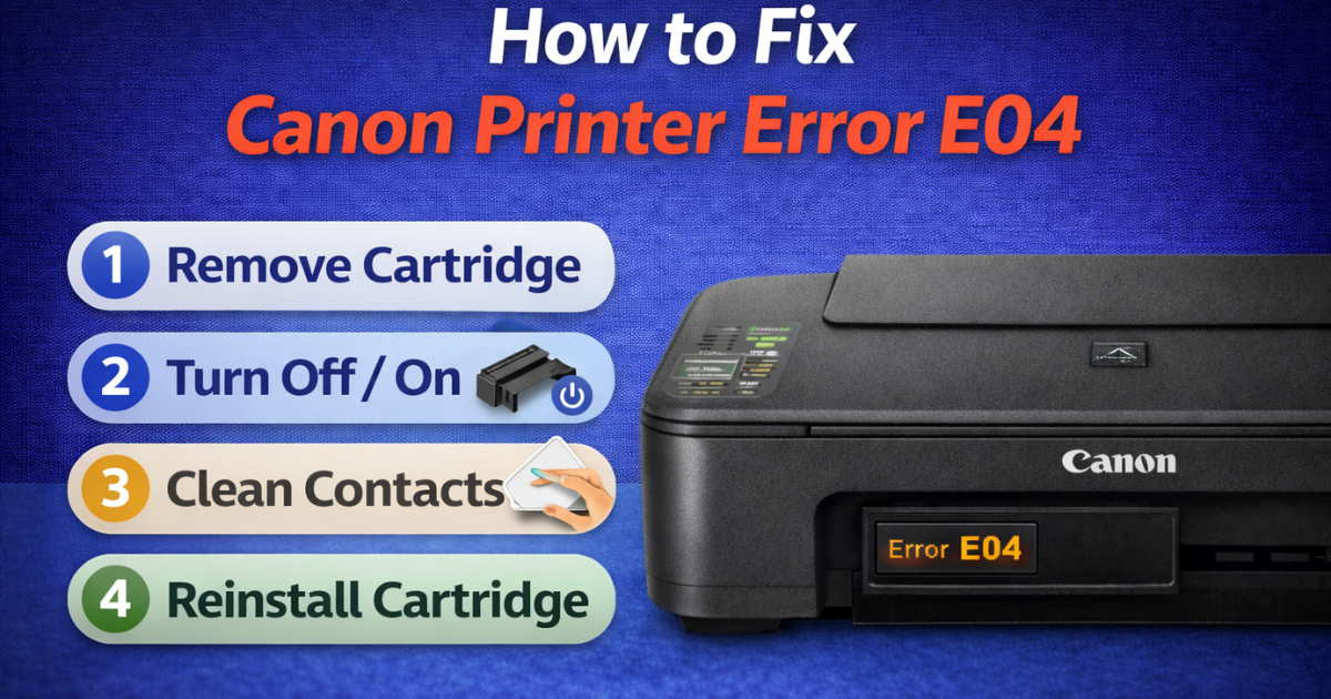 Canon printer showing Error E04 with steps to fix the issue displayed beside it.