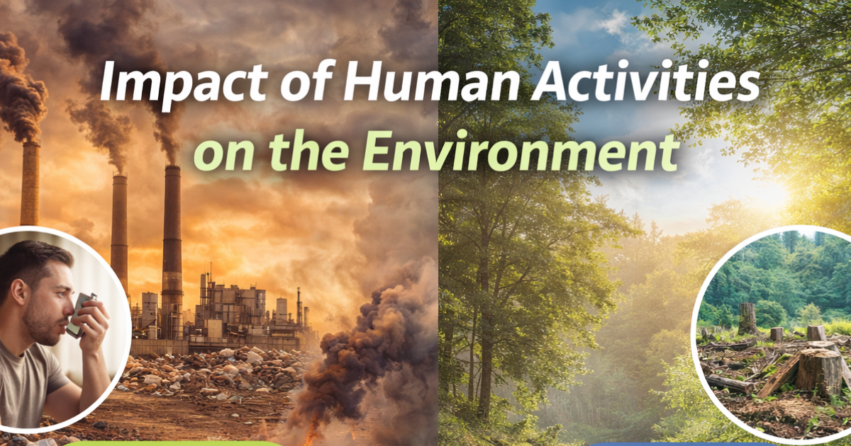 Image showing pollution, deforestation, and industrial smoke under the title “Impact of Human Activities on the Environment